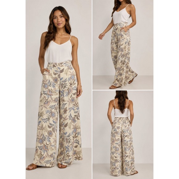 House of Harlow 1960 Pants - House of Harlow 1960 Floral Wide Leg Pants XL Cream Pink Blue‎ Boho Whimsigoth